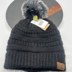 C.C Exclusives Beanie Hat with Pom Pom Cable Knit Stretch Black. NWT Recycled Ya